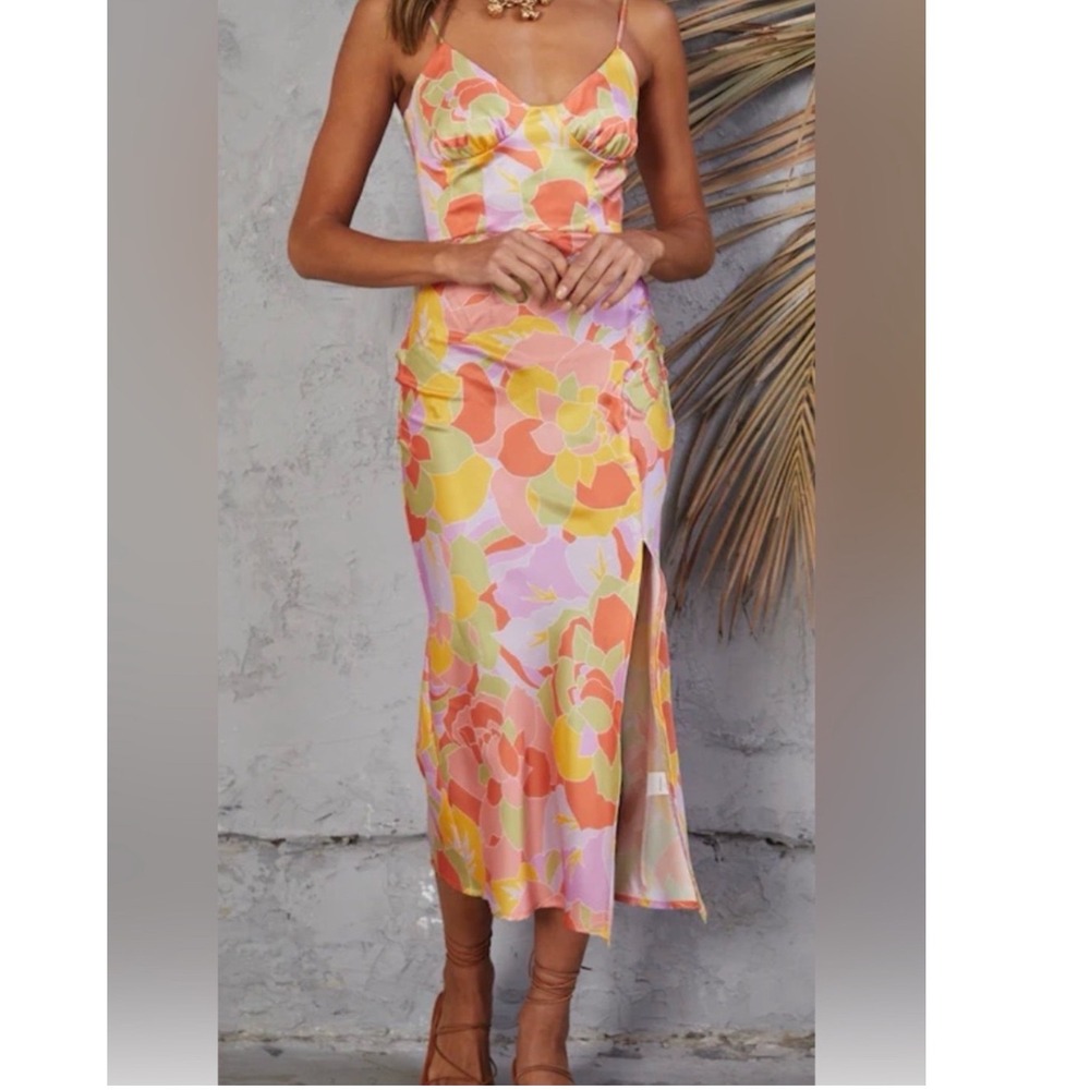 Runaway The Label Tammy Midi Dress S Floral Orange Yellow Satin Slit Retro New‎